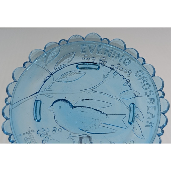 Evening Grosbeak Bird Glass Window Decor Pairpoint Cup Plate Blue Vintage 3.5" - Picture 2 of 7